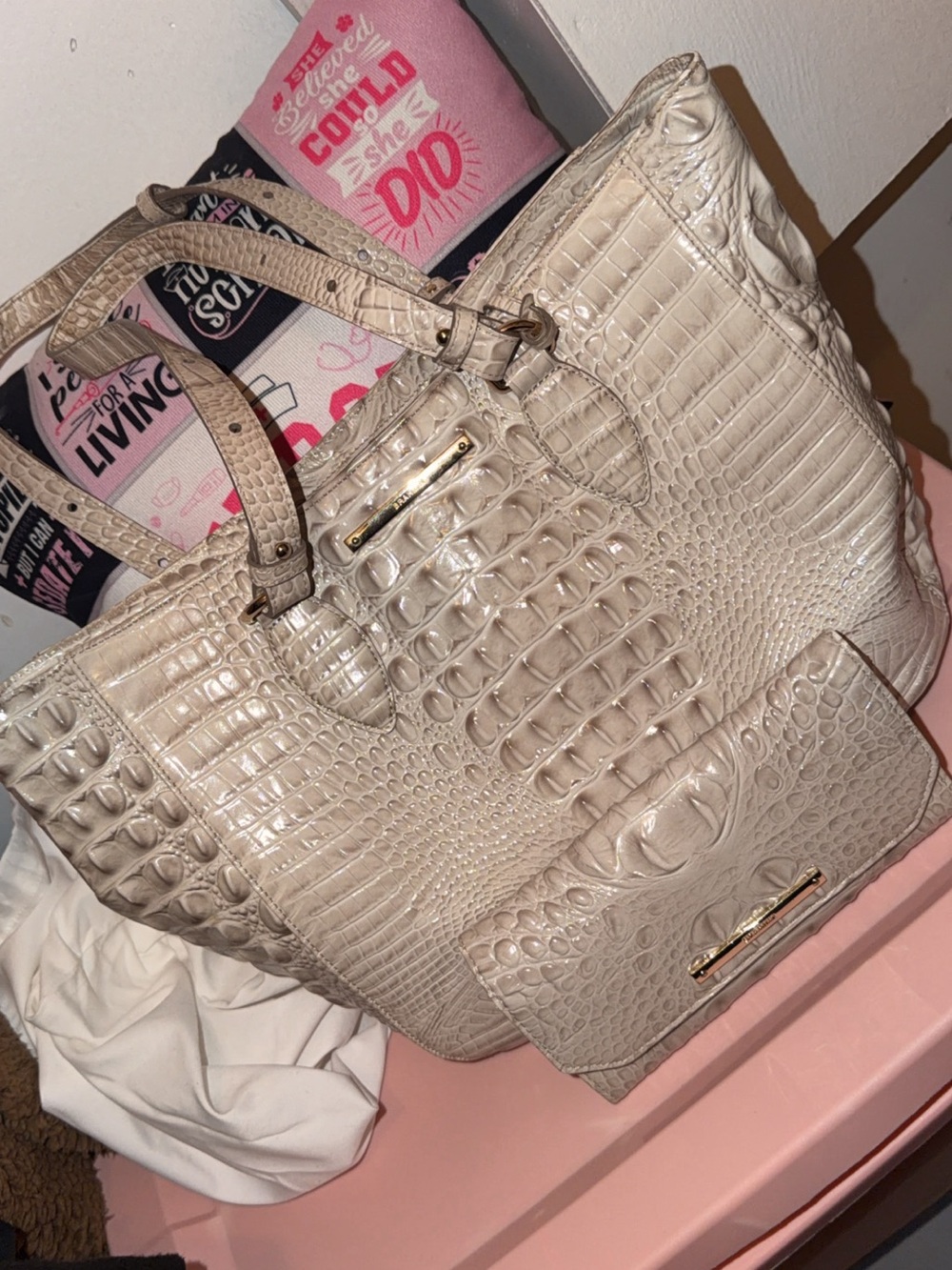 Brahmin Cream Croc-Embossed Tote with Matching Wallet